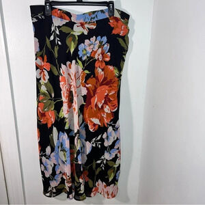 Roz & Ali,1X, black floral long line flowing lined pull on elastic waist skirt